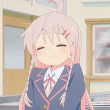 a cartoon girl with pink hair and braids is smiling