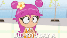 a cartoon girl with pink hair and a flower in her hair is asking if she did you say a