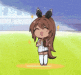 a cartoon of a girl standing on a baseball field holding a baseball .