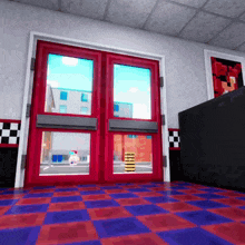 a red door with a checkered floor and a picture of foxy on the wall