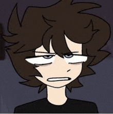 a cartoon of a boy with brown hair and a black shirt making a funny face .