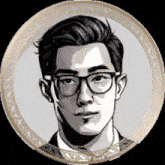 a drawing of a man wearing glasses in a gold frame