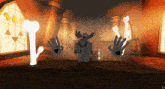 a cartoon character is standing in a room with bones and a sign that says " chest " on it