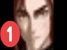 a close up of a person 's face with a red circle with the number 1