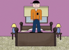 a cartoon of a man standing on a bed with two lamps