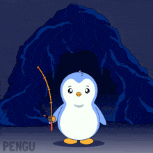 a penguin is holding a fishing rod in front of a cave and the word pengu is on the bottom right