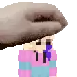 a pixel art of a person wearing a pink sweater and a hat .
