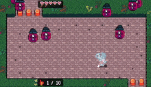 a pixel art game shows a purple monster with the letter u on it