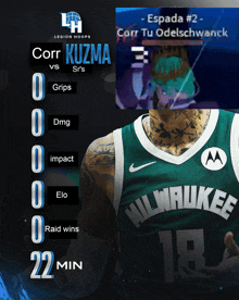 a poster for legion hoops shows a basketball player wearing a milwaukee uniform
