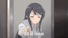 a girl is pointing at the camera with her finger and saying `` all of them '' .