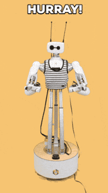a robot is on a yellow background with hurray written above it