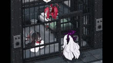 a video game character is standing in a jail cell talking to another character .