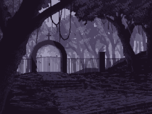 a pixel art drawing of a cemetery with a gate and trees