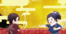 two anime characters are fighting each other on a yellow and red background
