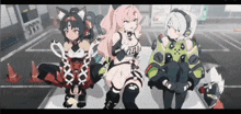 a group of anime characters standing next to each other in a parking lot