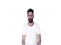 a man with a beard is pointing his fingers at something