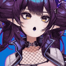a close up of a purple haired anime girl with the number 31 in her hair