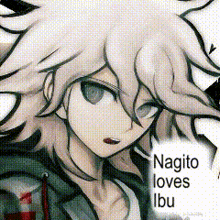 a close up of a cartoon character with the words nagito loves ibu written on it .