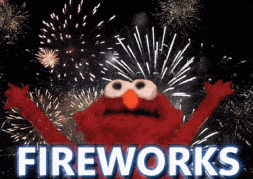 elmo with fireworks behind him and the word fireworks