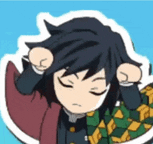 a cartoon of a person with their eyes closed and a fist in the air .