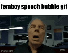 a man with his mouth open and the words femboy speech bubble gif