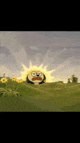 a cartoon of a sun with a face on it in a field of flowers