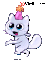 a cartoon cat wearing a pink party hat with a star on top of it