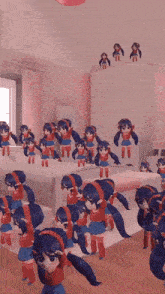 a bunch of anime girls are standing in a room .