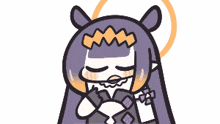 a cartoon drawing of a girl with purple hair and a fan in her hand .