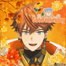 a picture of a boy with flowers and the words good morning on it
