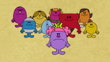 a group of mr men and mrs. men are standing next to each other