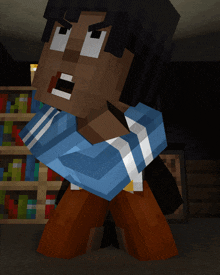 a minecraft character is standing in front of a book shelf