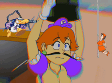a cartoon drawing of a girl with a mustache and a purple hat with the letter p on it