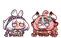 a cartoon of a girl eating a hamburger next to another girl