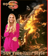 a woman in a pink suit stands in front of a burning guitar with the words sgv free your style below her