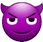 a purple devil smiley face with horns and a smile on a white background .