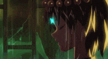 a drawing of a person with a blue light coming out of their eyes