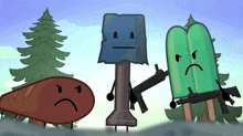 a cartoon character with a sad face is standing next to two other characters holding guns