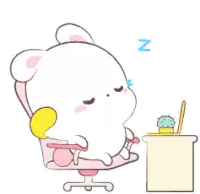 a cartoon rabbit is sitting in a chair next to a desk with a laptop .