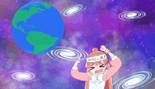 a girl with a sign on her head that says ' a ' on it stands in front of a globe