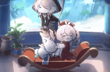 two cartoon characters are sitting on a rocking chair