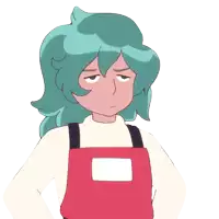 a cartoon character with green hair is wearing a red apron and a white shirt