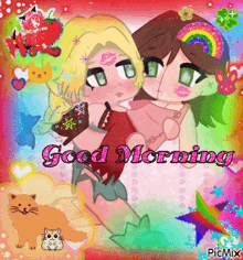 a picture of two girls hugging with the words good morning