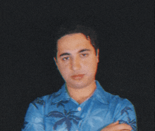 a man wearing a blue shirt with palm trees on it stands with his arms crossed