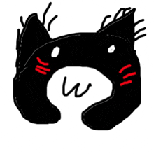 a drawing of a black cat with red ears and a speech bubble with the letter w on it .