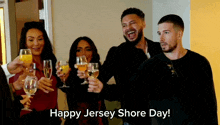 a group of people toasting with champagne and orange juice with the words happy jersey shore day below them