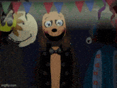 a group of cartoon characters are standing in a dark room with flags behind them