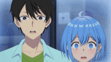 a boy and a girl with blue hair are looking at something