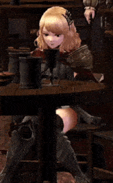 a girl in armor sits at a table with a glass of wine in front of her