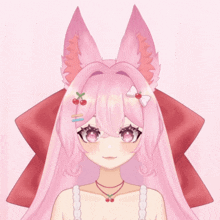 a drawing of a girl with pink hair and a red bow